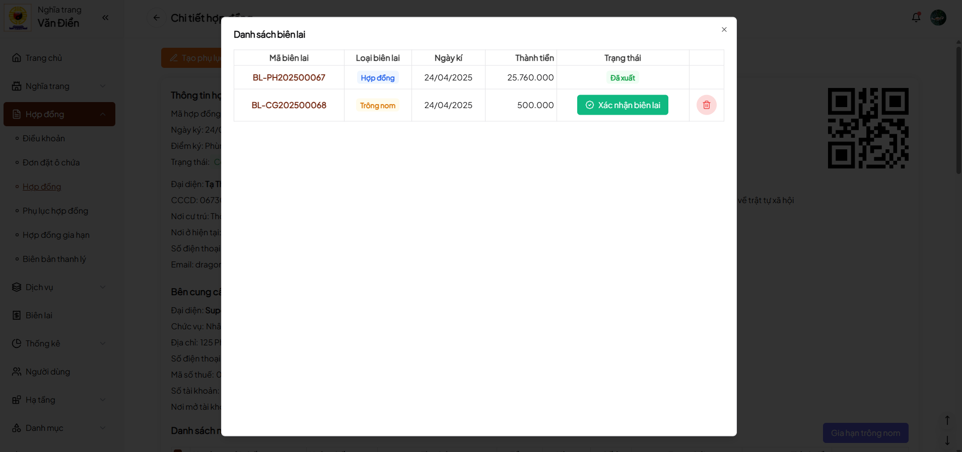 Ảnh danh sách biên lai của hợp đồng