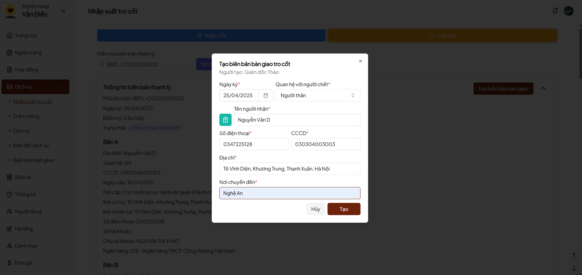 Ảnh form tạo biên bản bàn giao