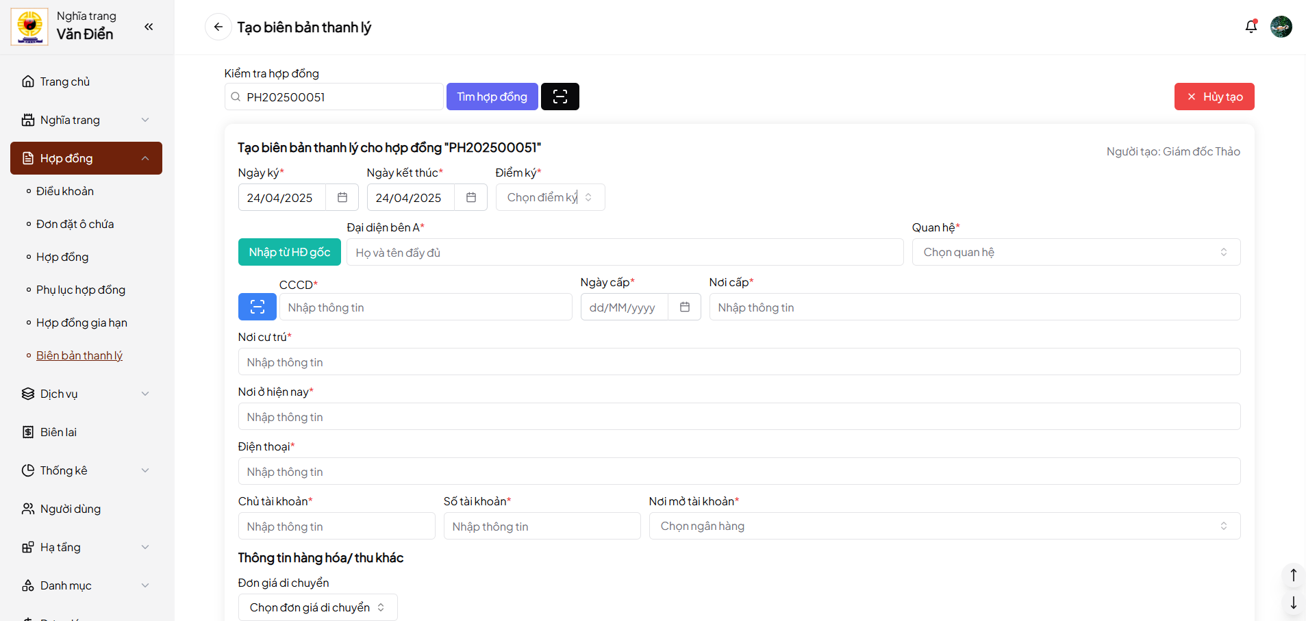 Ảnh form tạo biên bản thanh lý