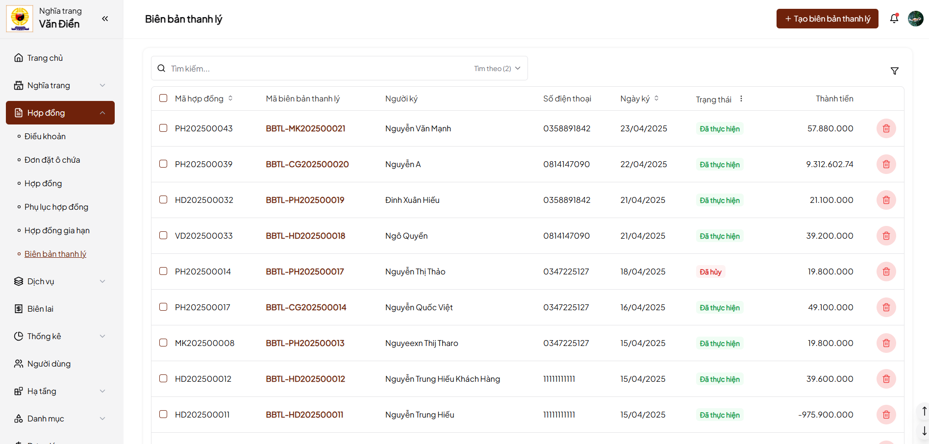 Ảnh danh sách biên bản thanh lý