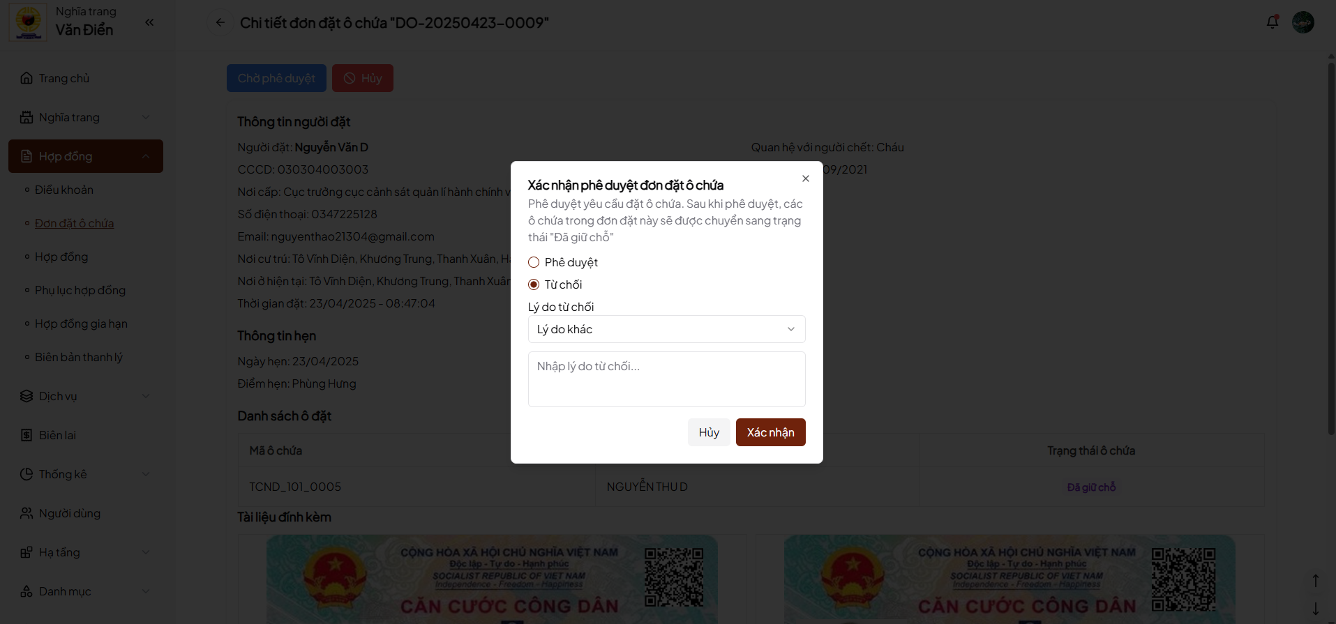 Ảnh phê duyệt đơn đặt ô chứa