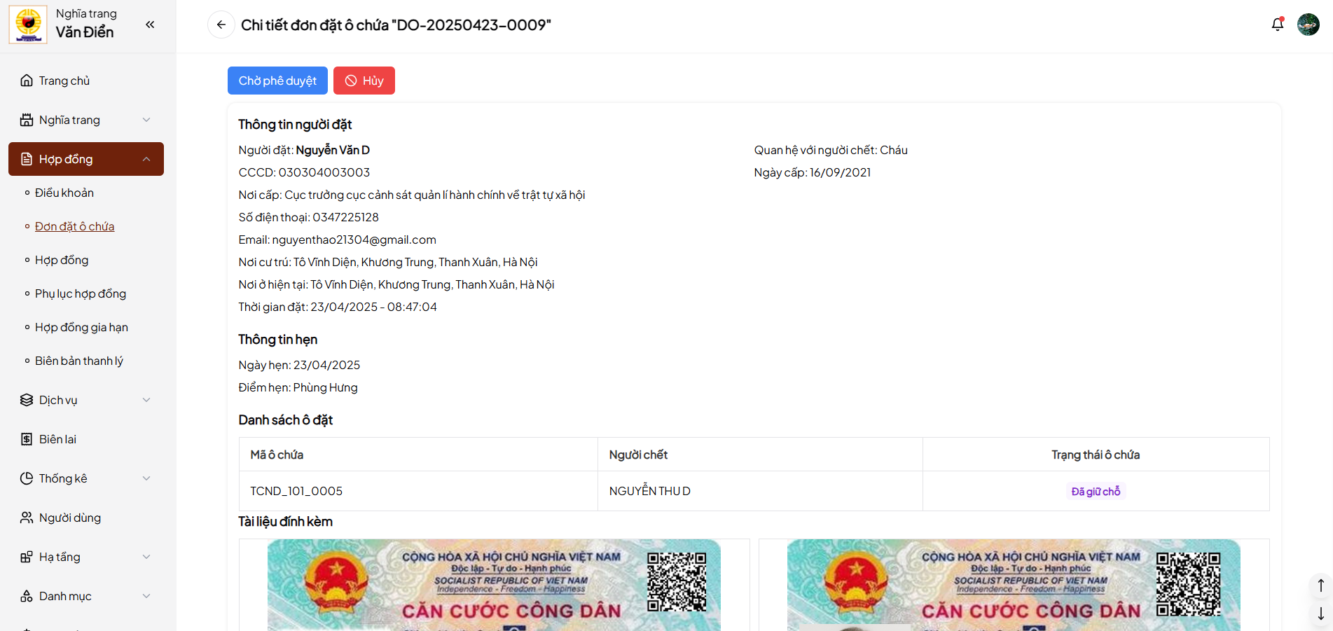 Ảnh chi tiết đơn đặt ô chứa