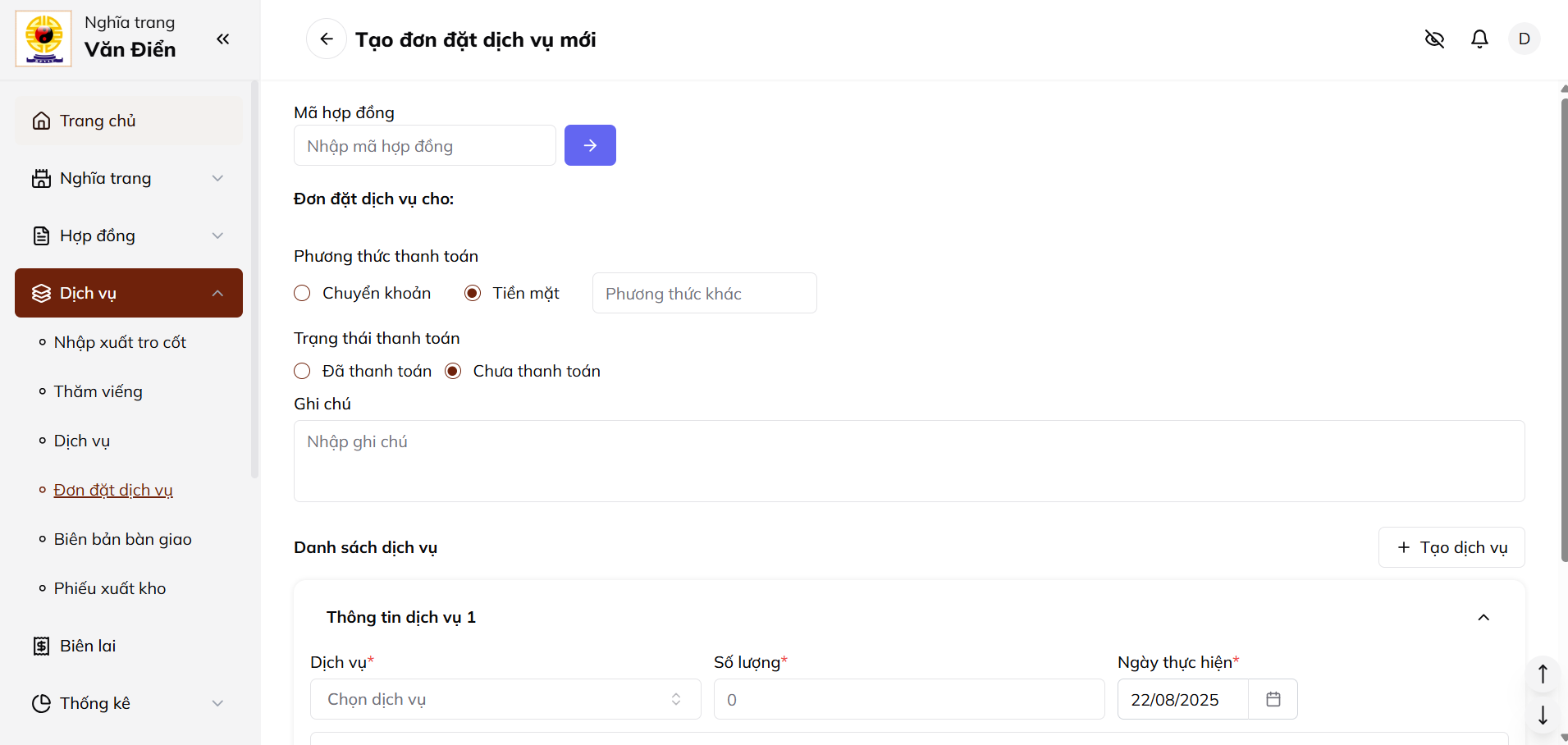 Ảnh form tạo đơn đặt dịch vụ